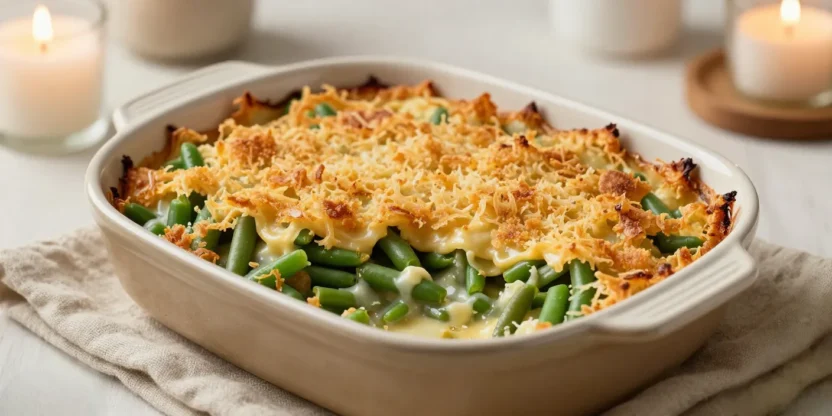 Green bean casserole with crispy topping in a warm, cozy setting