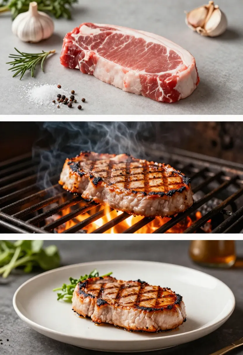 Grilled pork chop collage with ingredients, grilling process, and plated dish with grill marks