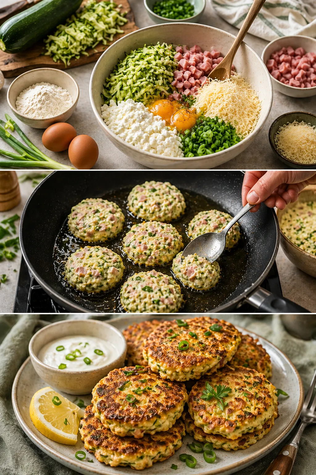 Vertical collage of zucchini fritters preparation, cooking, and final dish