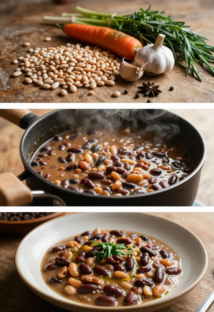 Collage of hearty bean stew from ingredients to finished bowl