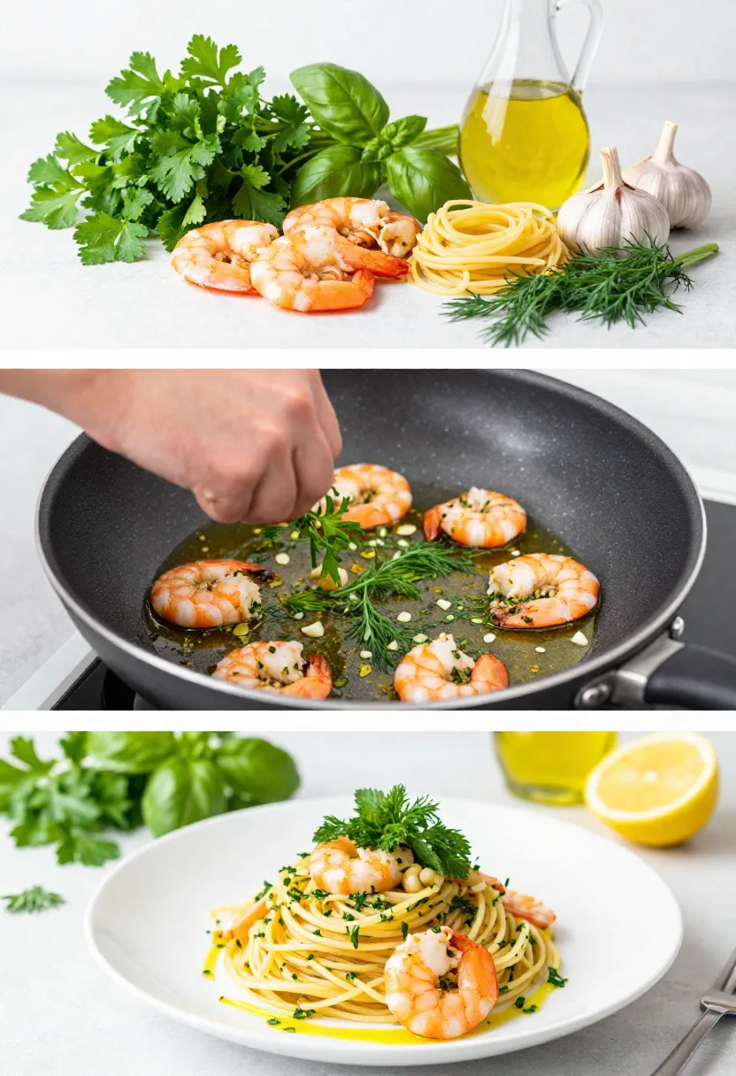Herb shrimp pasta ingredients, cooking, and fresh plated dish