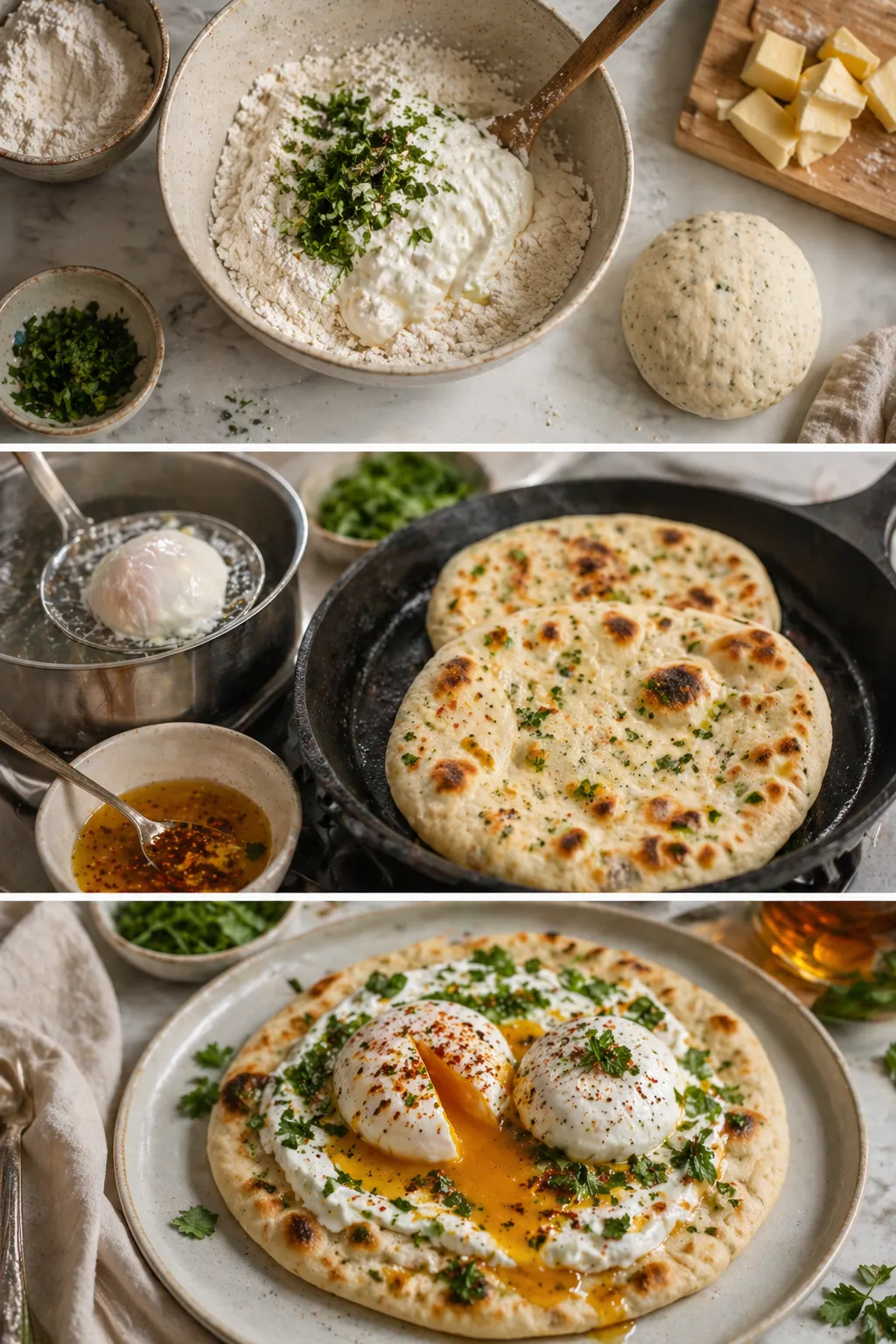 Step-by-step flatbread with poached eggs cooking process