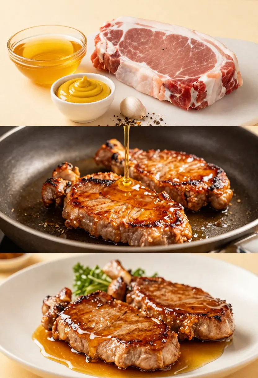 Honey mustard pork chop collage with ingredients, glazed cooking process, and glossy plated dish