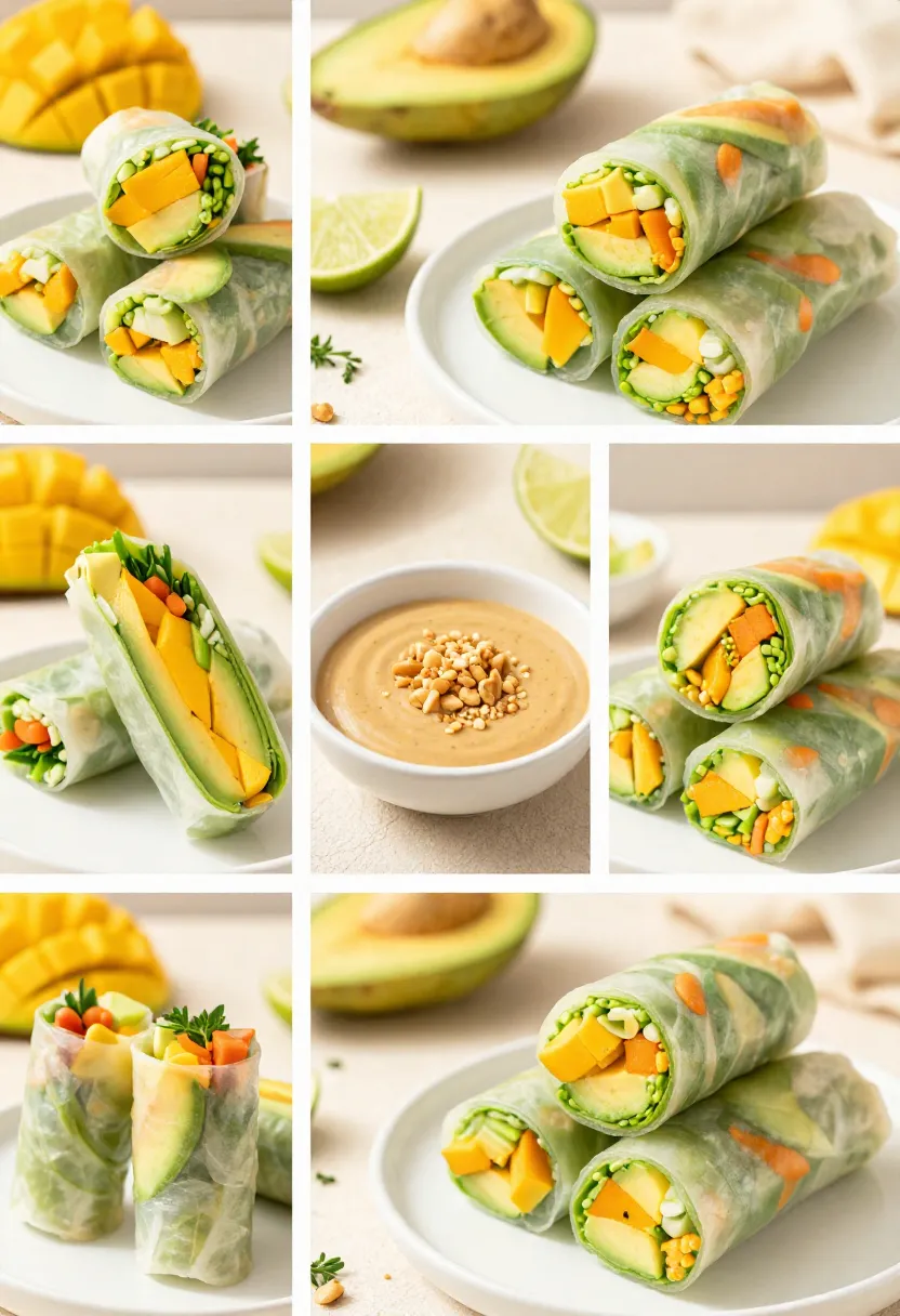 Collage of plated mango avocado spring rolls with peanut sauce