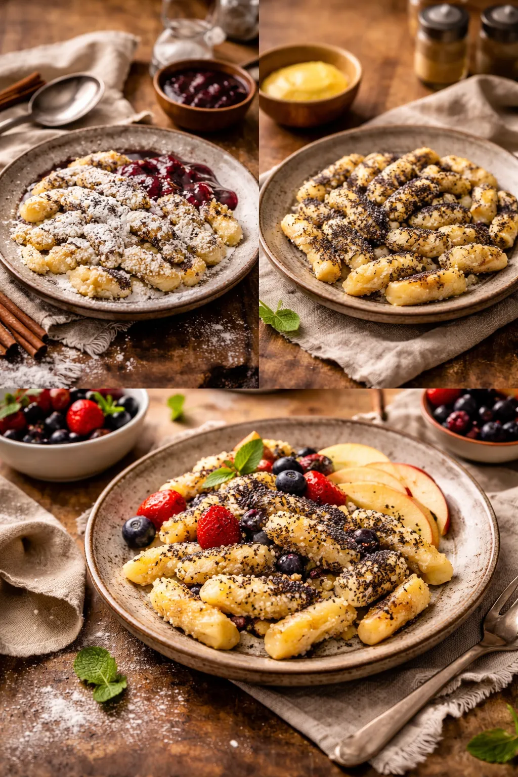 Collage of mohnnudeln served in different styles with toppings