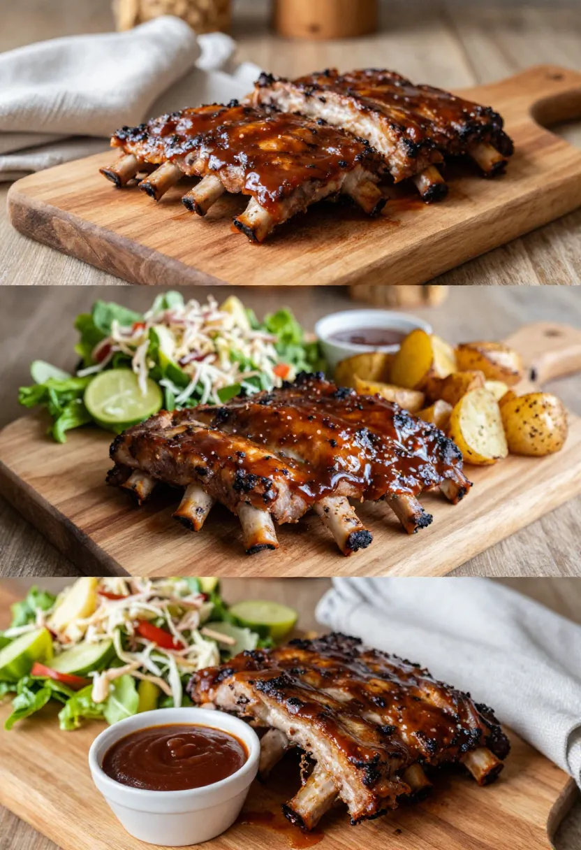 Collage of BBQ ribs served with sides and sauce in different styles