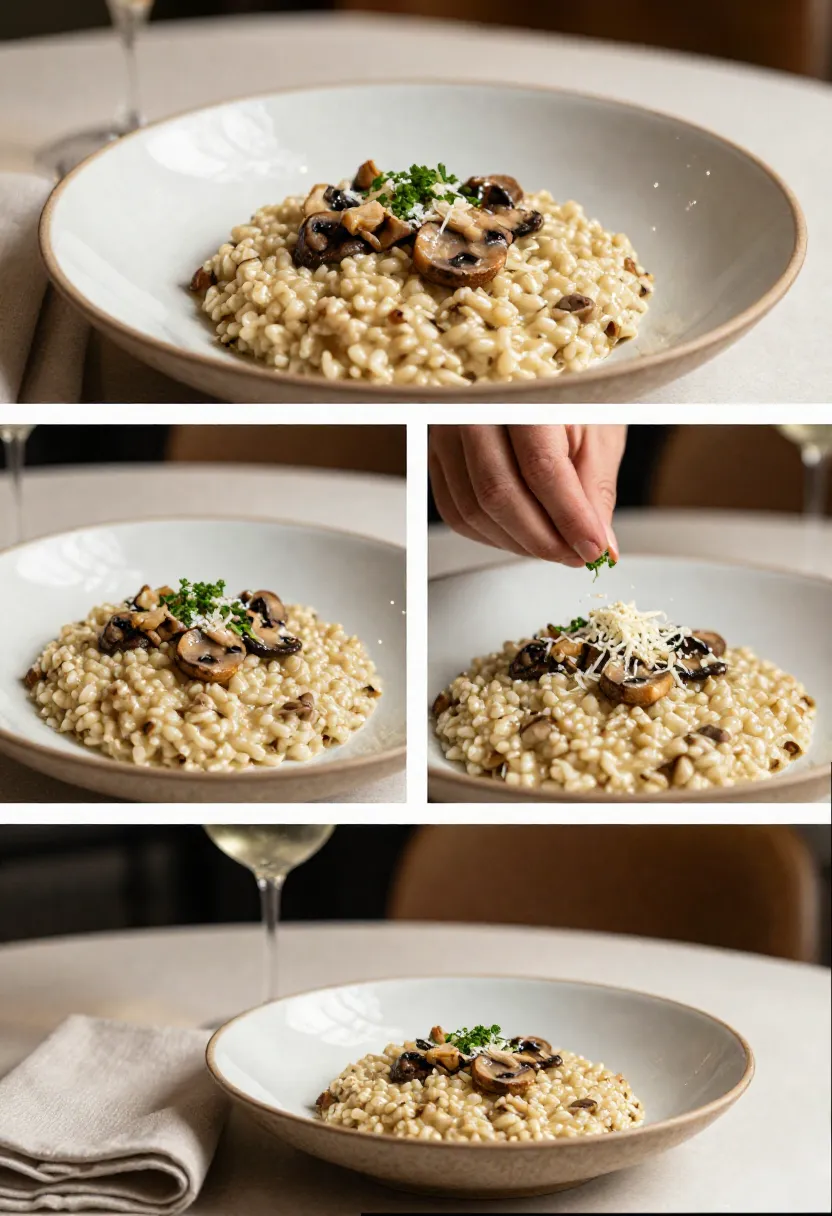 Collage of mushroom risotto plating and serving details