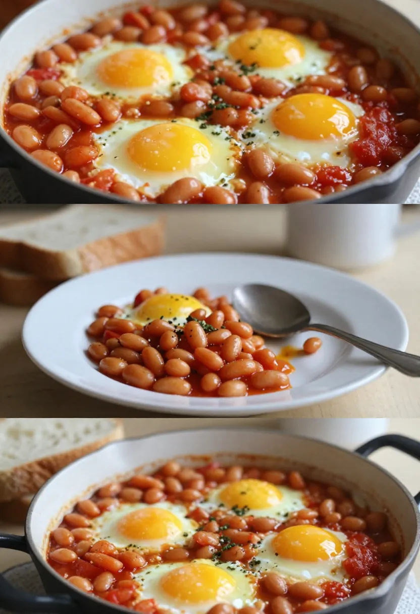 Collage showing baked beans with eggs fresh, rested, and reheated