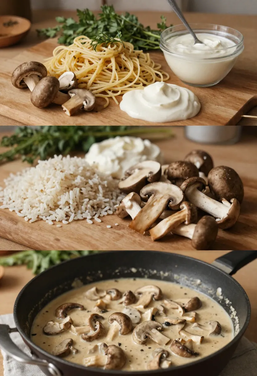 Collage showing ingredient swaps for mushroom stroganoff