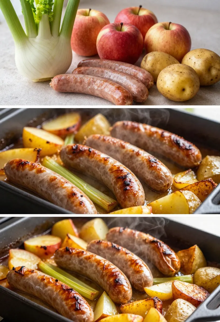 Collage of sausage, fennel, apple and potato tray bake from raw ingredients to roasted dish