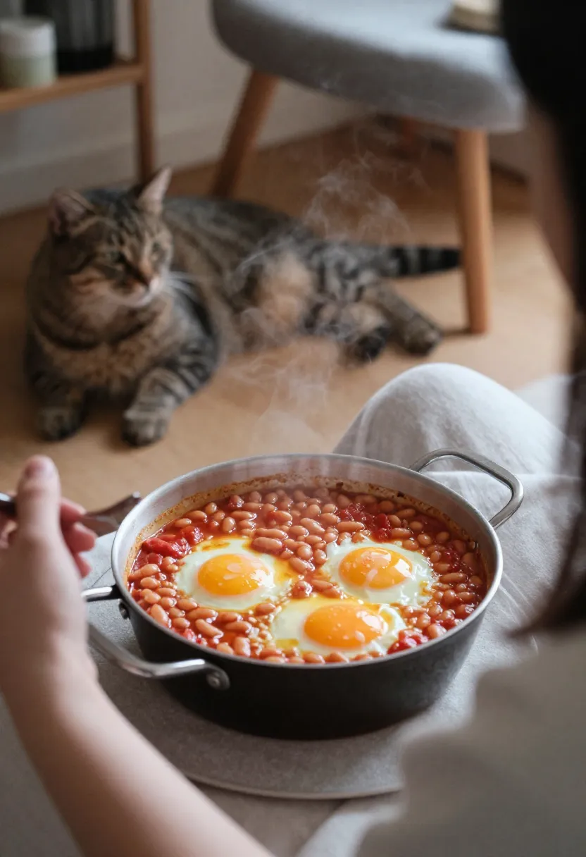 Person eating baked beans with eggs at home with a cat nearby