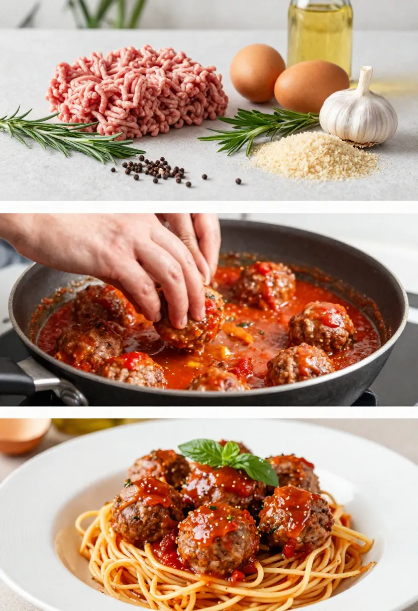 Collage of Italian meatballs from raw ingredients to plated dish