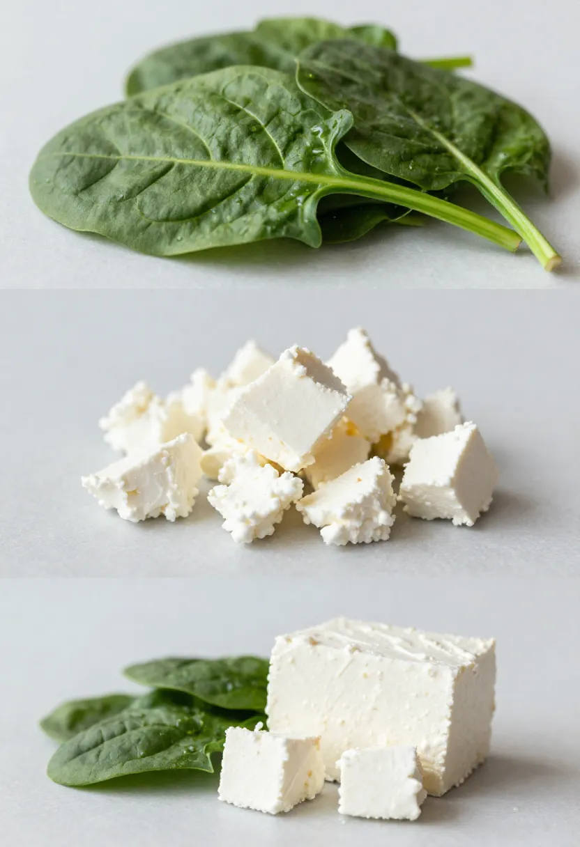 Collage of fresh spinach and crumbled feta cheese in natural light