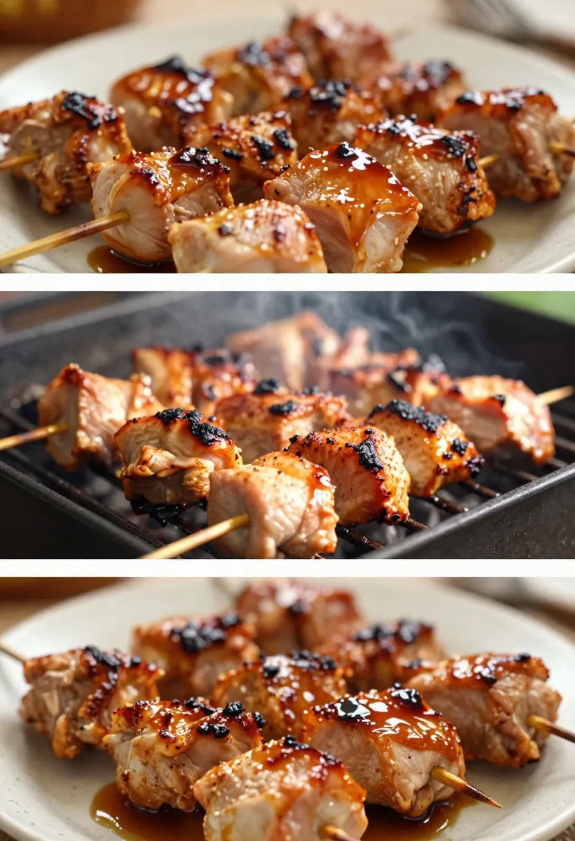 Collage of balsamic chicken skewers from marinade to caramelized glazed finish.