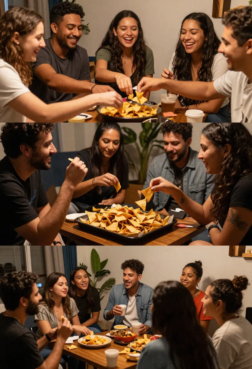 Collage of people enjoying nachos together in different settings