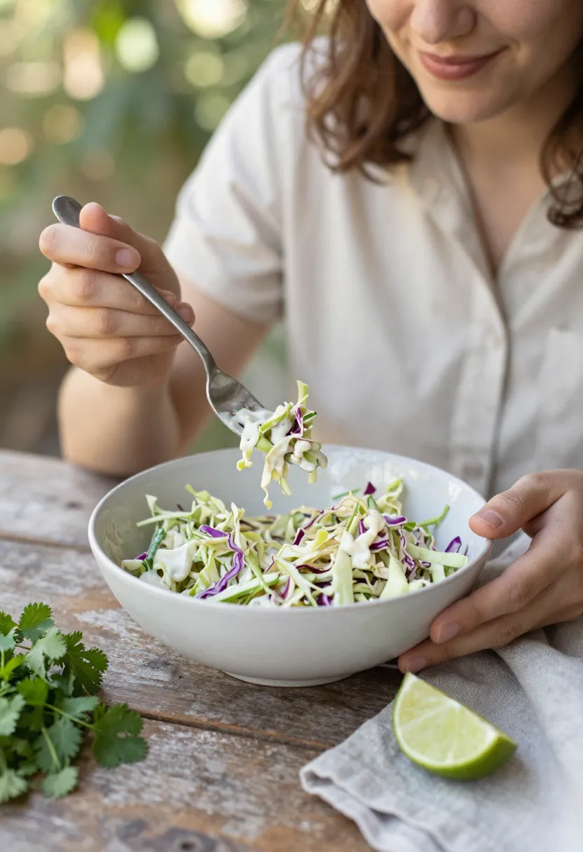 Person enjoying fresh cilantro lime coleslaw outdoors