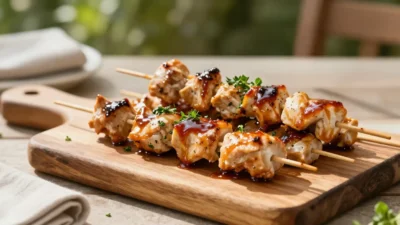 Balsamic chicken skewers with a glossy glaze served outdoors in warm natural light.