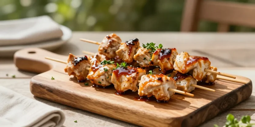 Balsamic chicken skewers with a glossy glaze served outdoors in warm natural light.