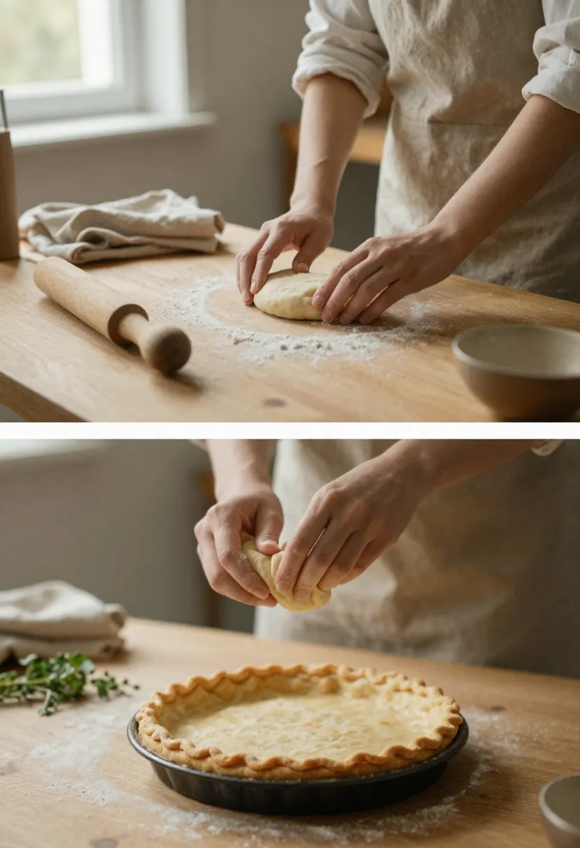Calm slow cooking scene with hands preparing pie in warm light