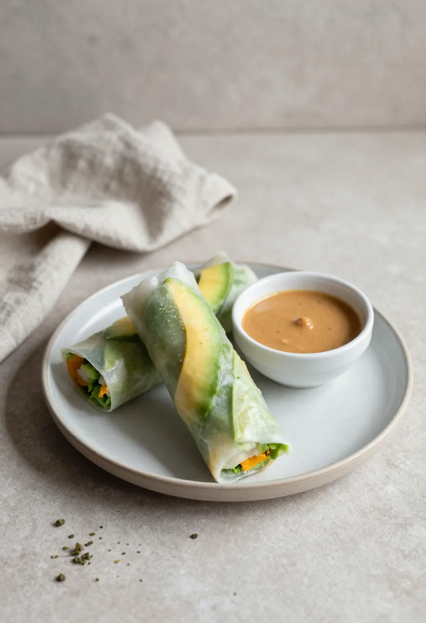 Mango avocado spring rolls served in a relaxed everyday setting