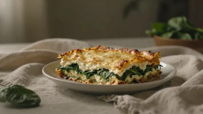 Spinach and ricotta lasagne in a soft artistic warm atmosphere