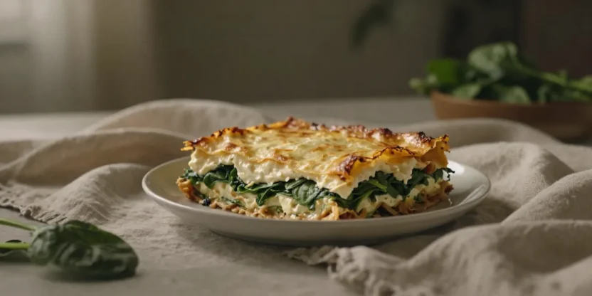 Spinach and ricotta lasagne in a soft artistic warm atmosphere