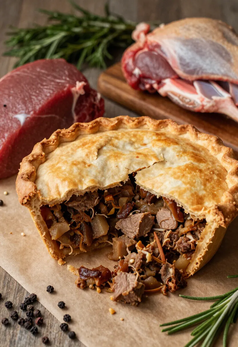 Game pie with visible meat layers and spices showing rich texture