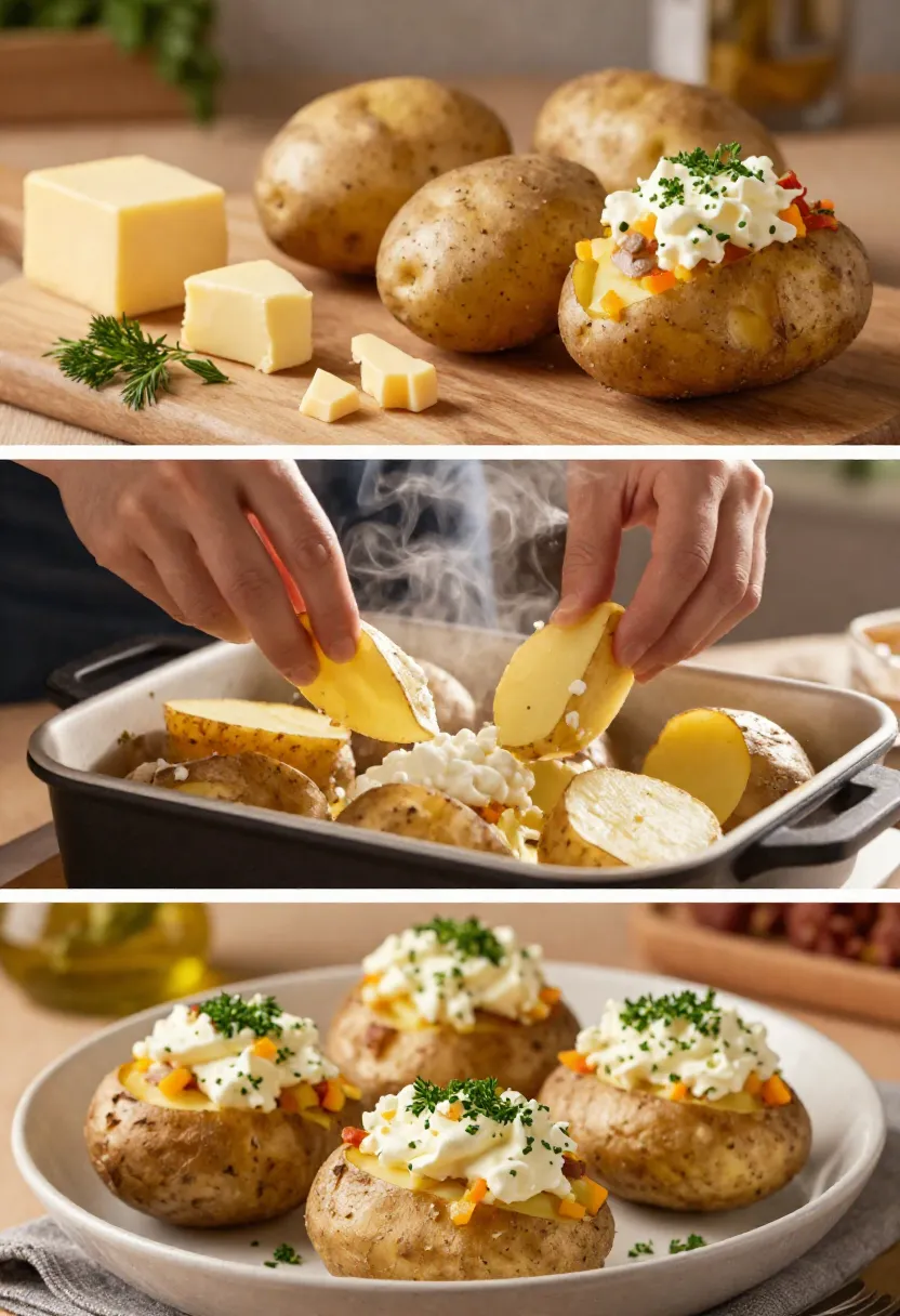 Collage of loaded baked potatoes from ingredients to plated dish