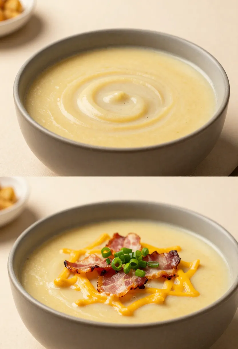 Loaded potato soup with bacon, cheese, and herbs in a cozy collage.