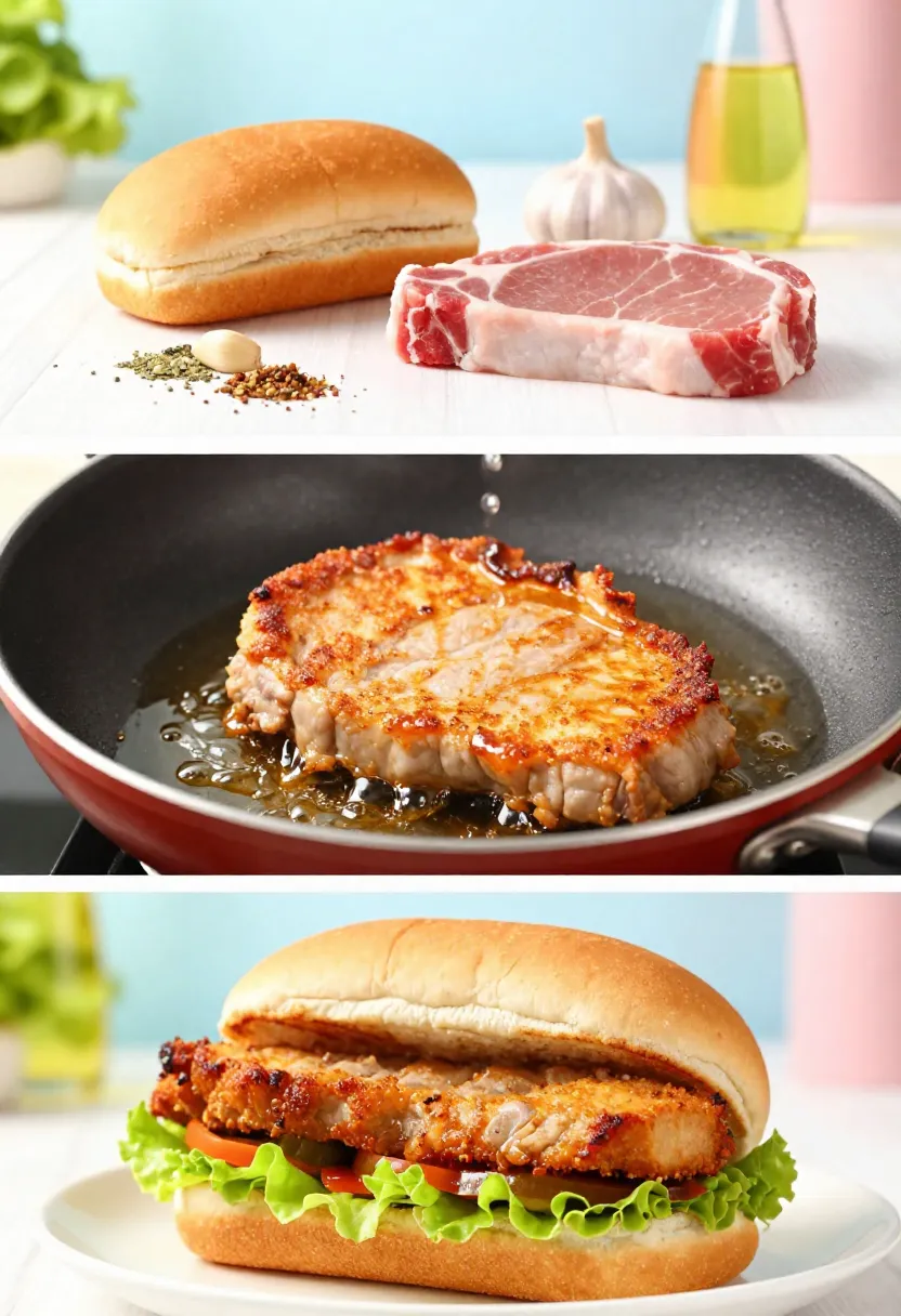 Macau pork chop sandwich collage with ingredients, frying process, and assembled sandwich with vegetables and sauce