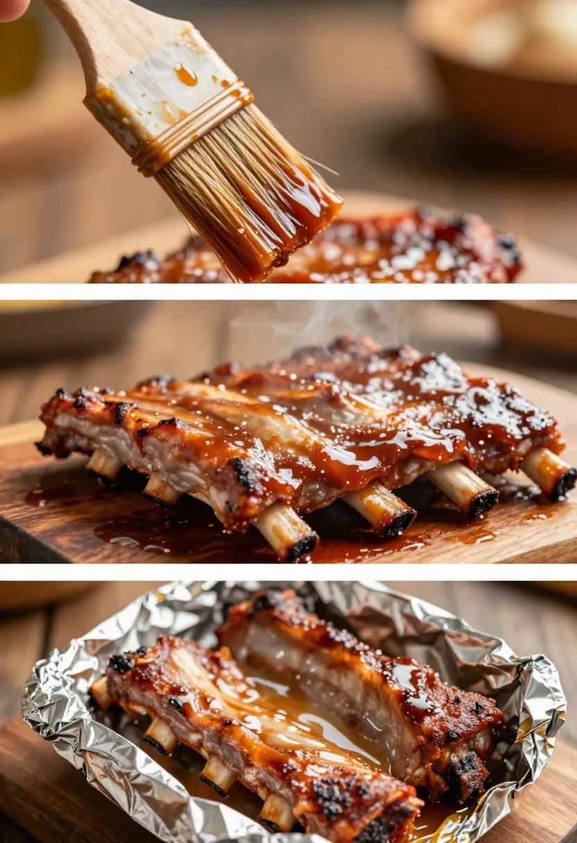 Collage showing BBQ ribs brushing sauce, resting, and wrapped in foil