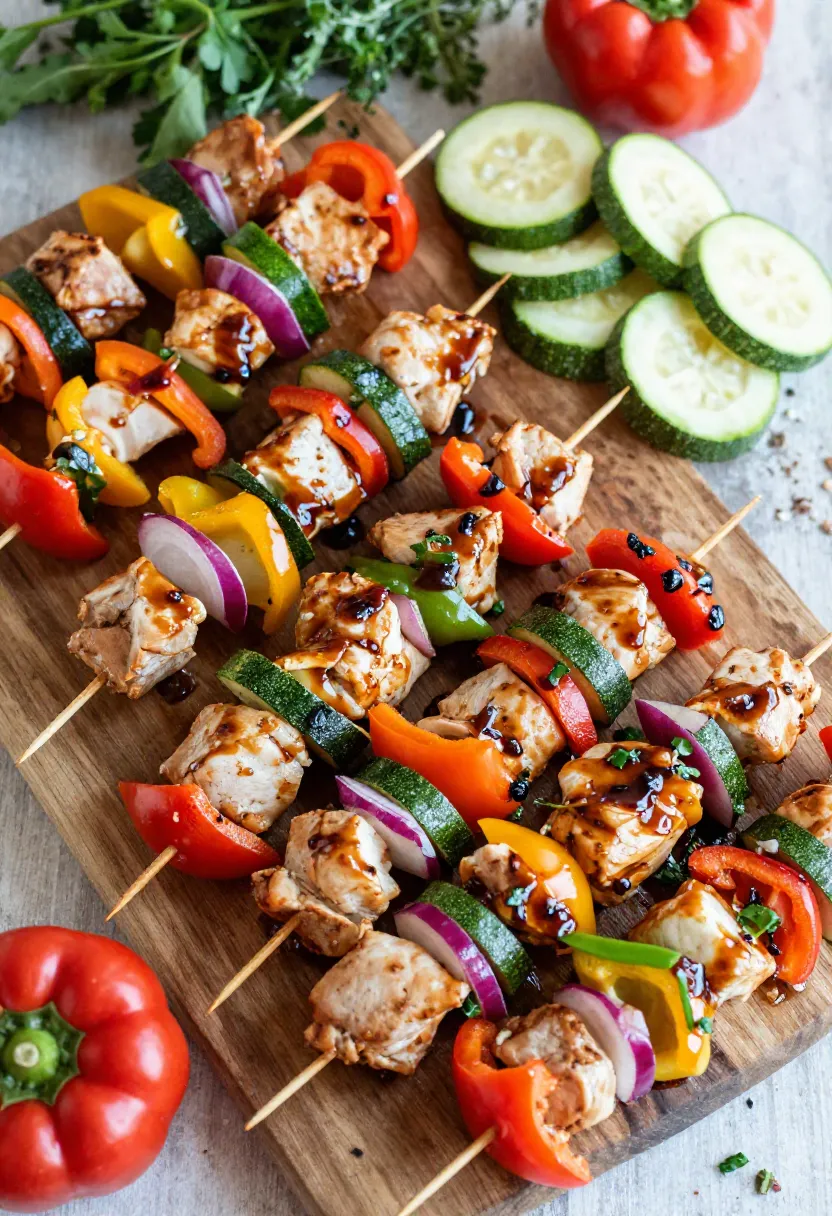 Balsamic chicken skewers with mixed vegetables showing different ingredient variations.