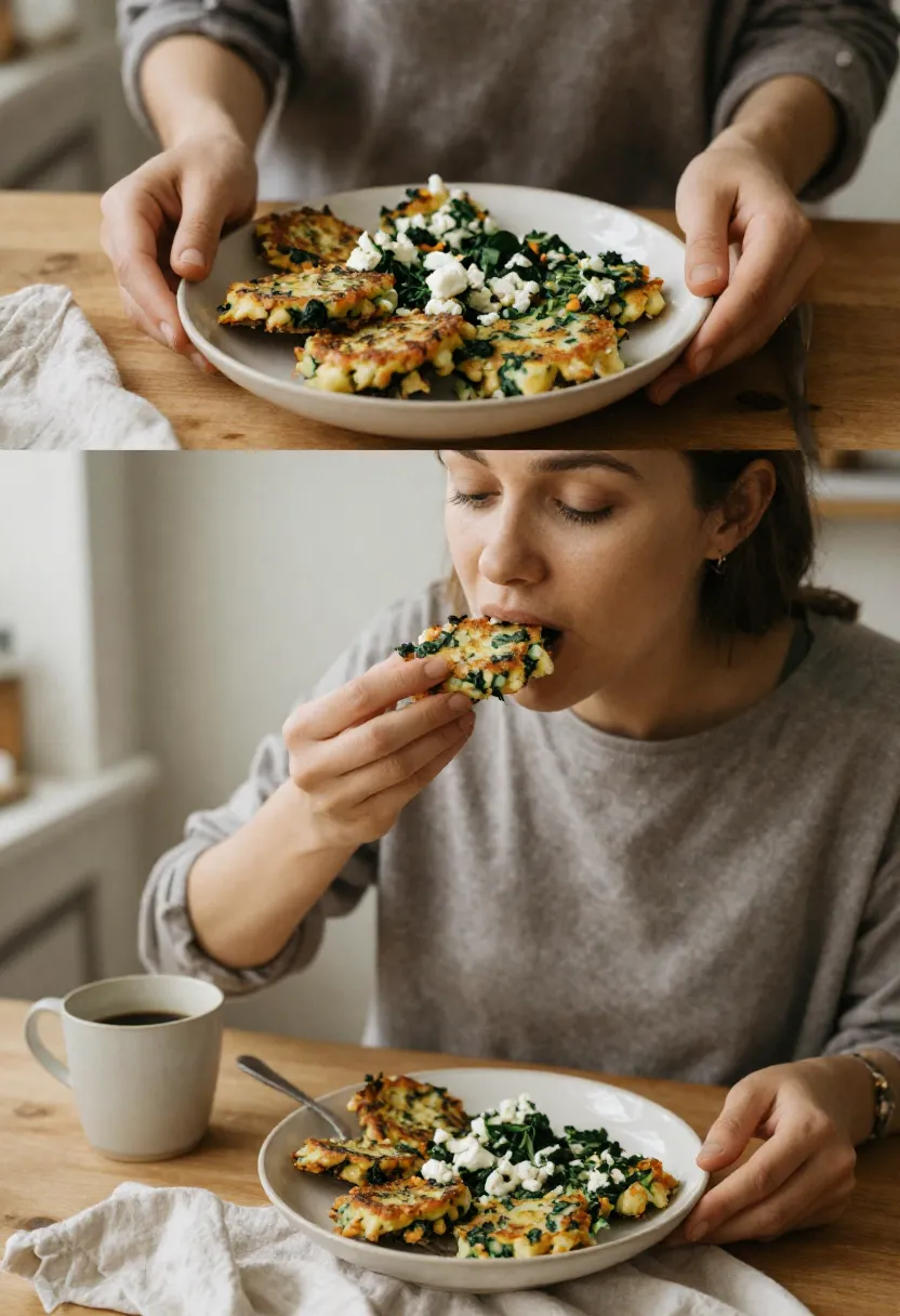 Person enjoying spinach and feta fritters in a cozy everyday setting