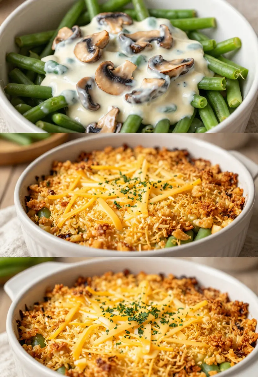 Green bean casserole with optional toppings and ingredient variations