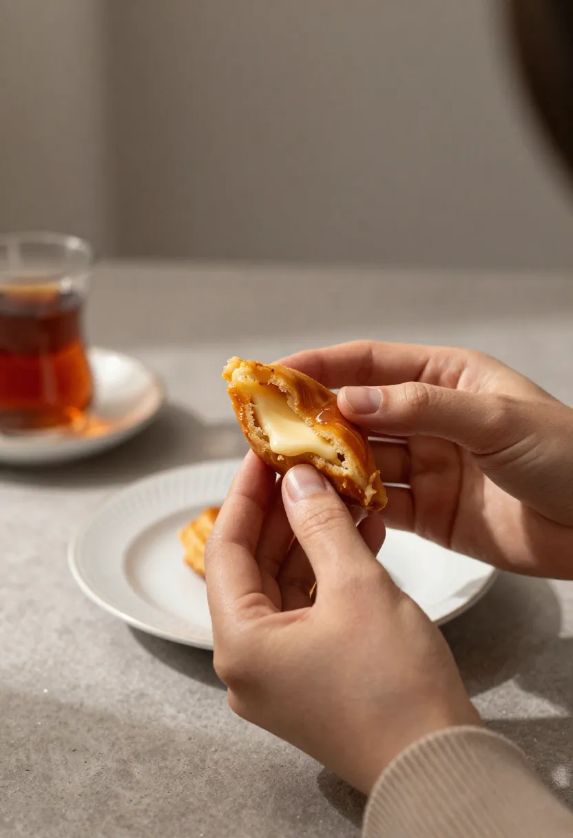Person enjoying warm qatayef in a cozy setting