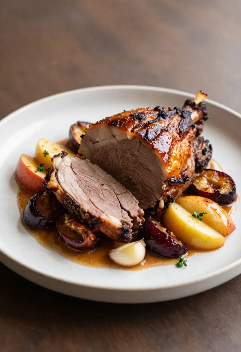 Roast pork with apples and plums served in a personalized style