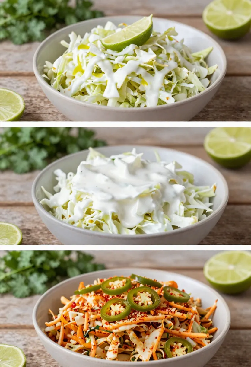 Different variations of cilantro lime coleslaw with creamy, spicy and fresh options