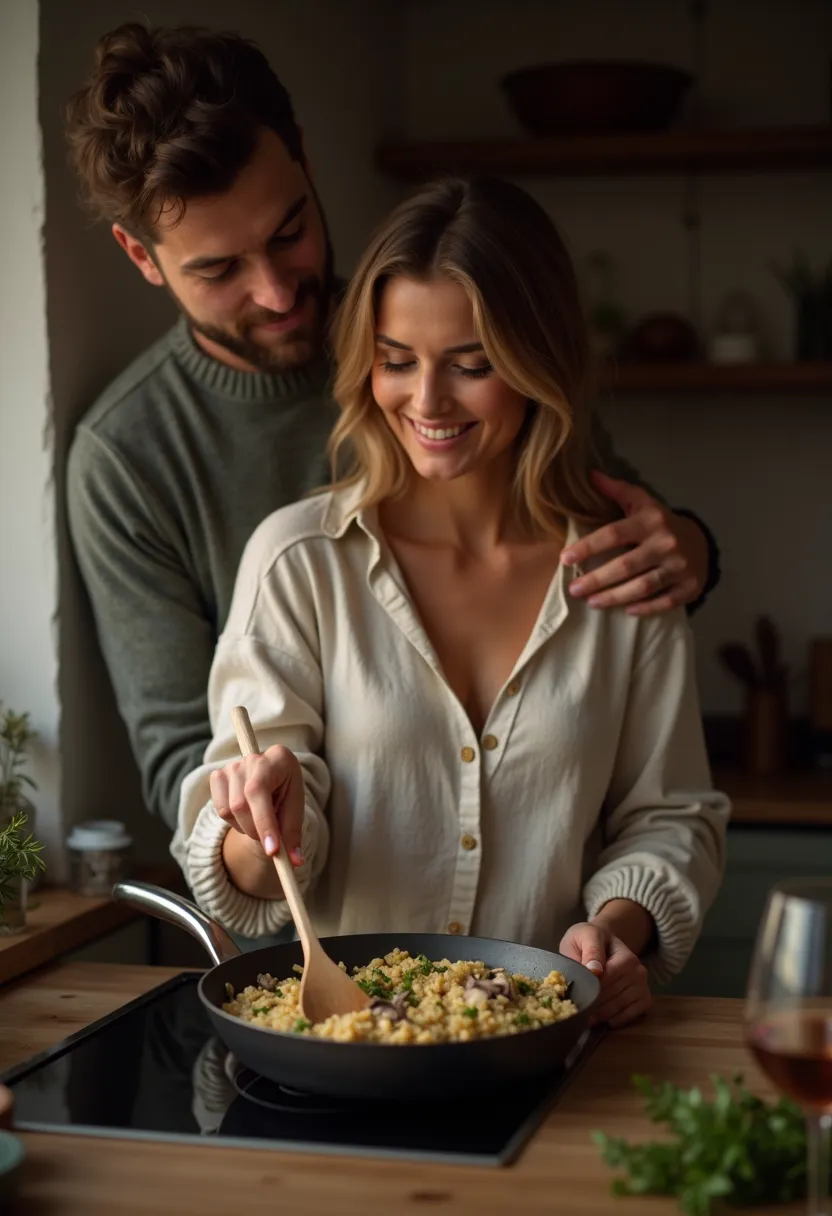 Couple cooking risotto together in cozy home kitchen