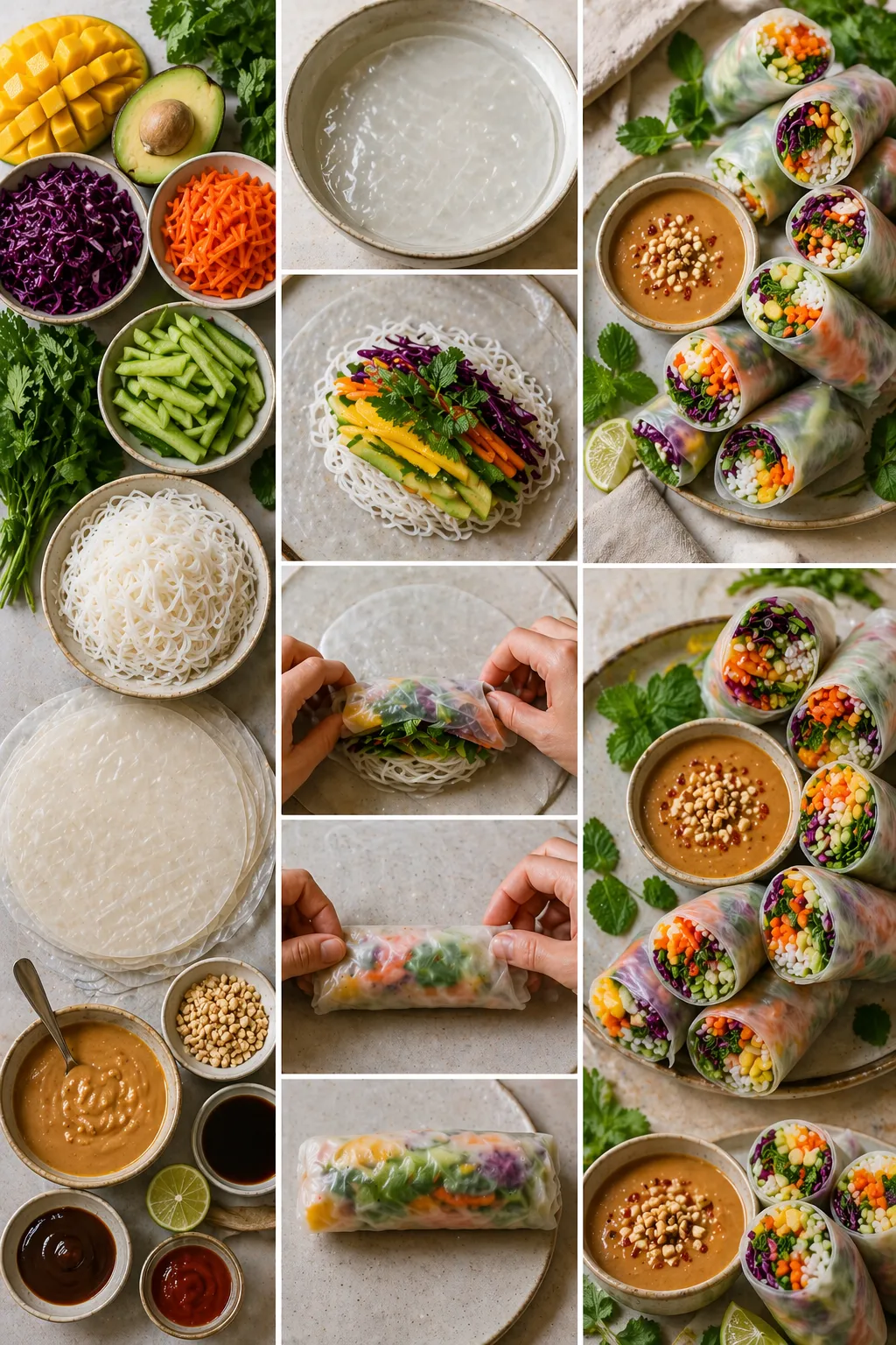 Step-by-step collage of making mango avocado spring rolls