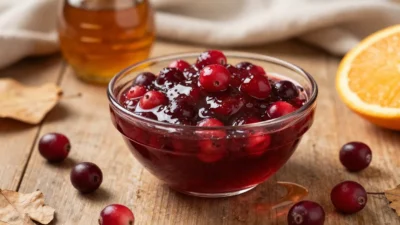 maple cranberry sauce in a glass bowl with oranges and autumn decor