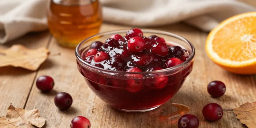 maple cranberry sauce in a glass bowl with oranges and autumn decor