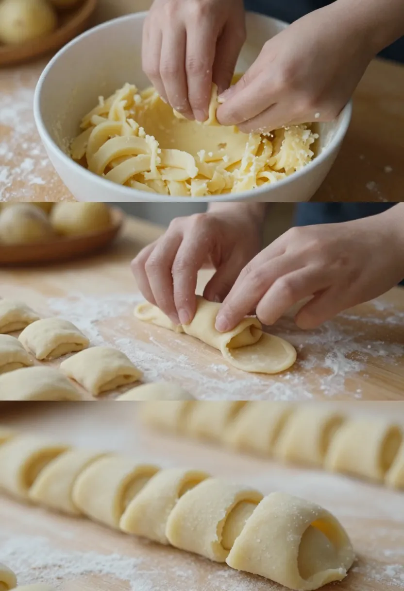 Collage of shaping potato dough for homemade mohnnudeln