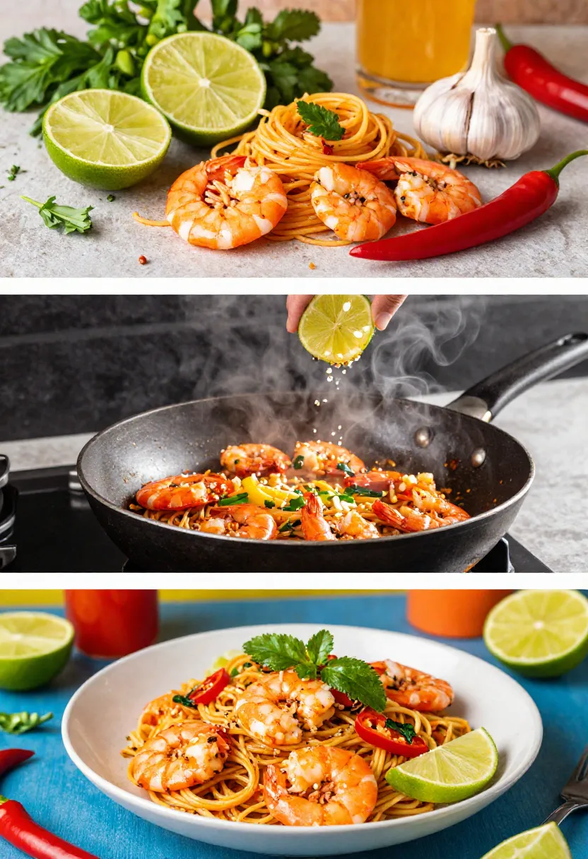 Mexican-inspired shrimp pasta ingredients, cooking, and plated dish