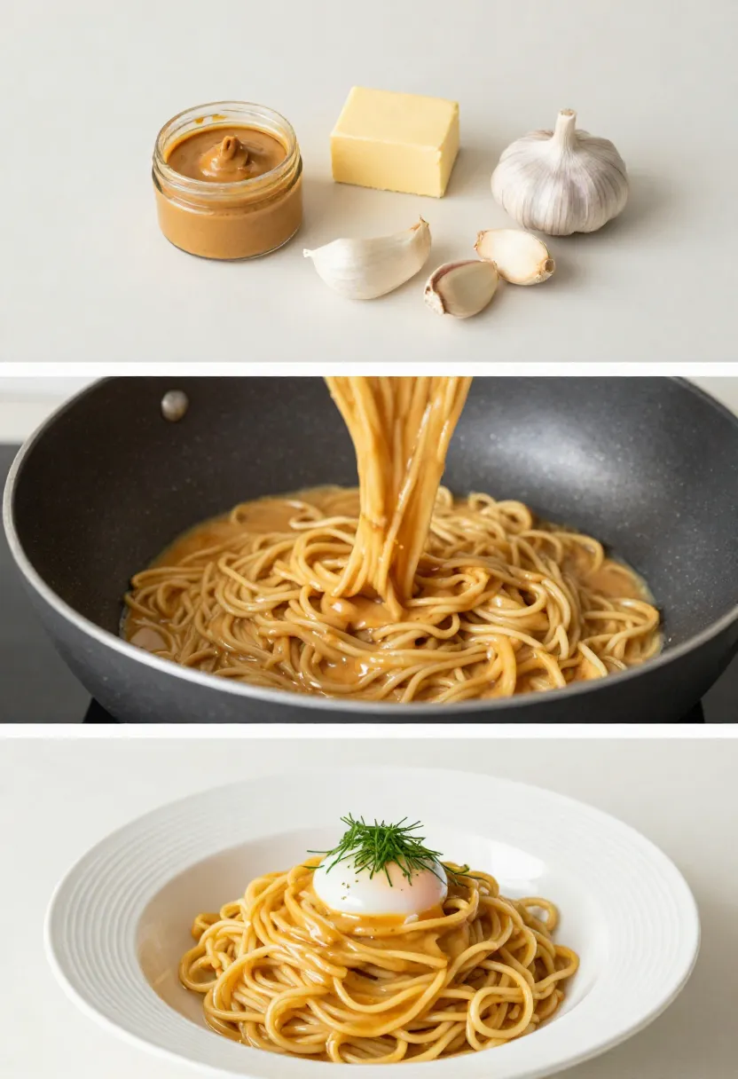 Collage of miso butter noodles from ingredients to plated dish