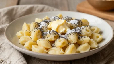 Mohnnudeln with poppy seeds and butter in a cozy warm setting