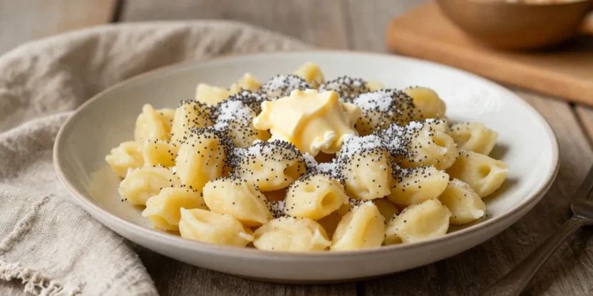 Mohnnudeln with poppy seeds and butter in a cozy warm setting