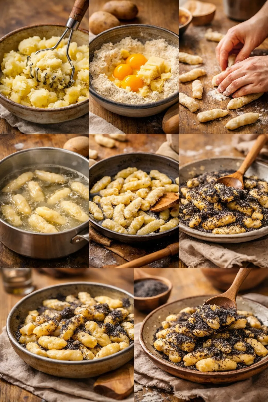 Step-by-step collage of making mohnnudeln potato noodles