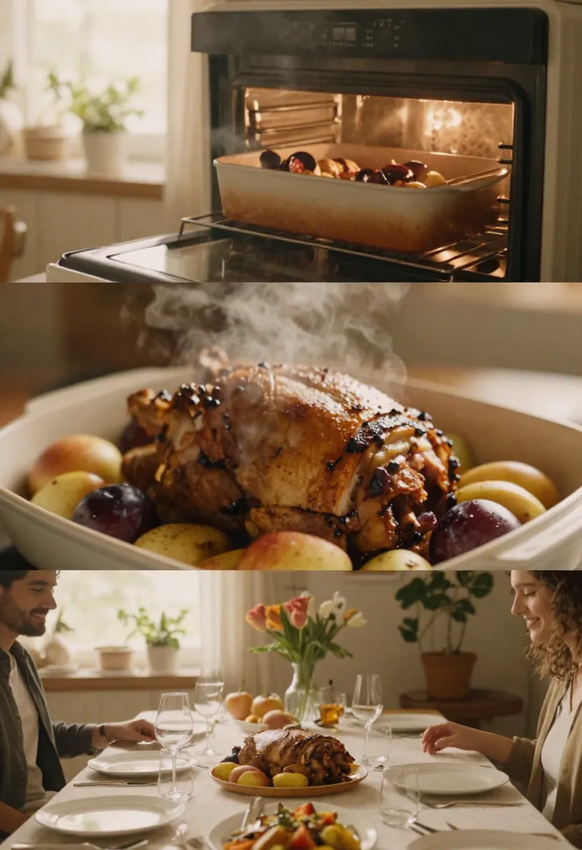 Cozy collage of roast pork dinner and relaxed home dining atmosphere