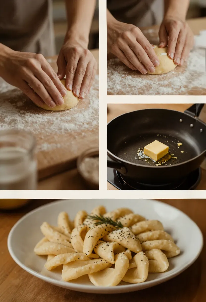 Cozy collage of making mohnnudeln with warm light and handmade feel