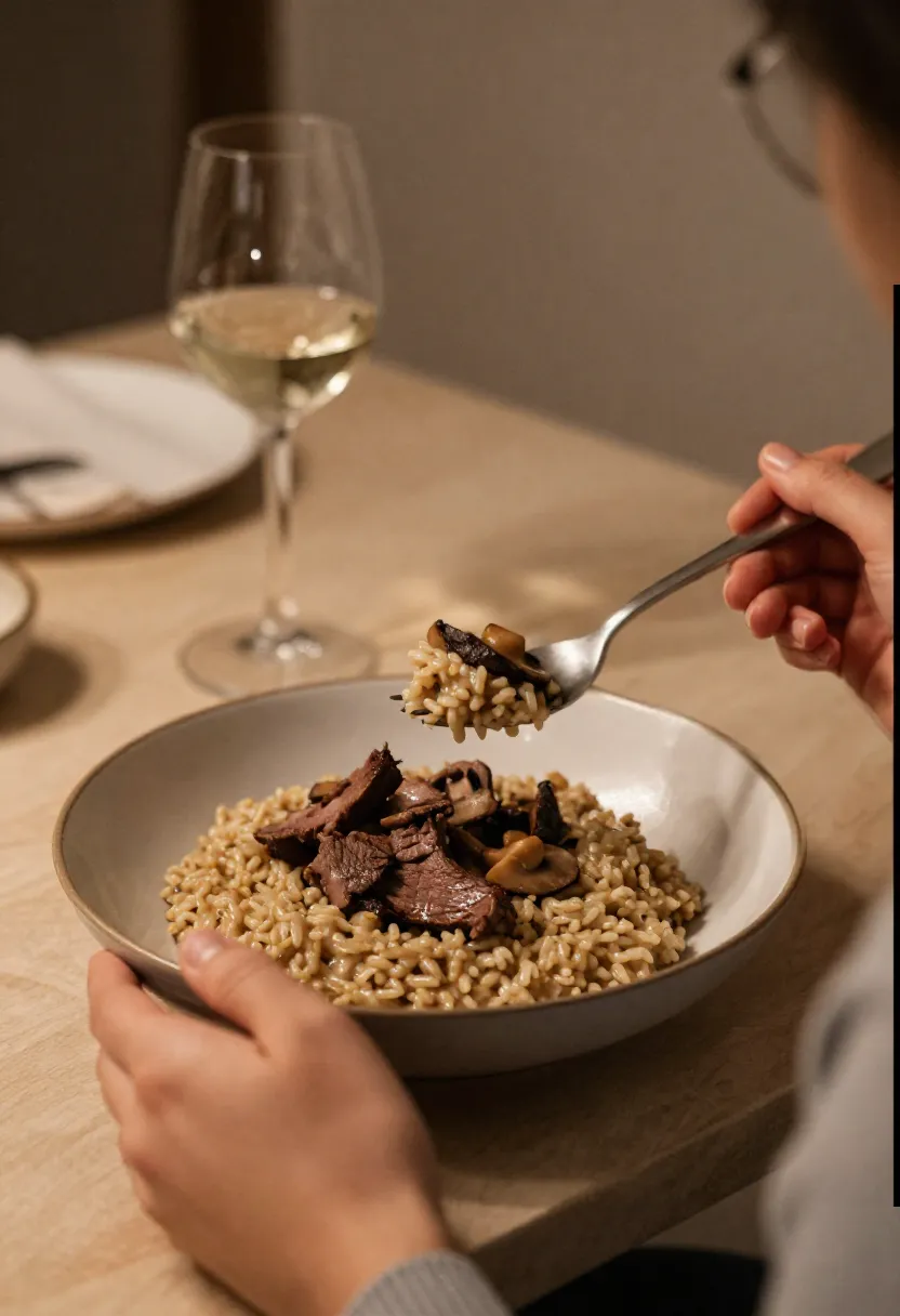 Person enjoying beef and mushroom risotto in cozy setting